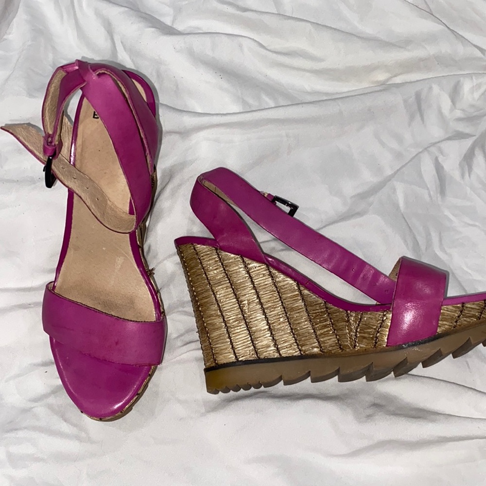 Pink wedge wicker heels